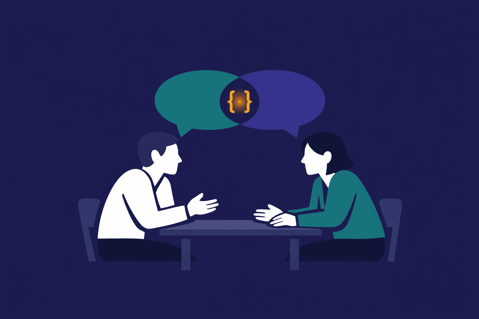Two people having a calm, focused conversation across a table, with overlapping teal and indigo speech bubbles above them forming a citation bracket